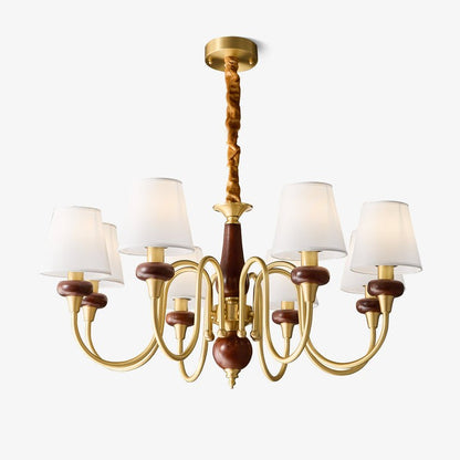Luxury Wood & Brass Chandelier with Fabric Shades