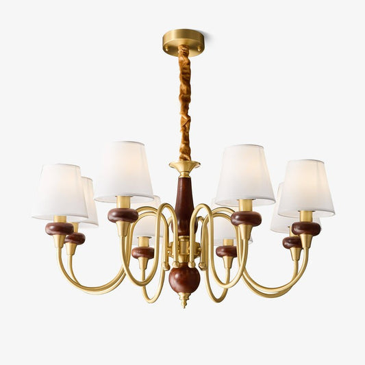 Luxury Wood & Brass Chandelier with Fabric Shades