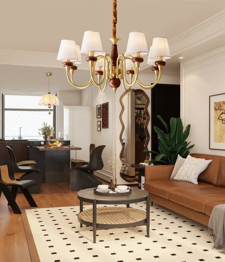 Luxury Wood & Brass Chandelier with Fabric Shades