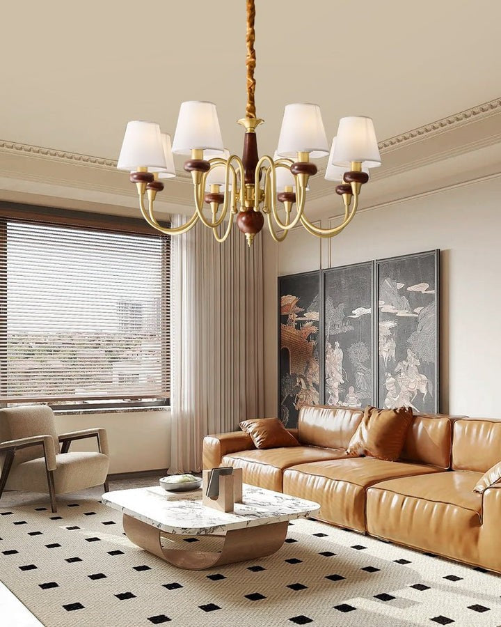 Luxury Wood & Brass Chandelier with Fabric Shades