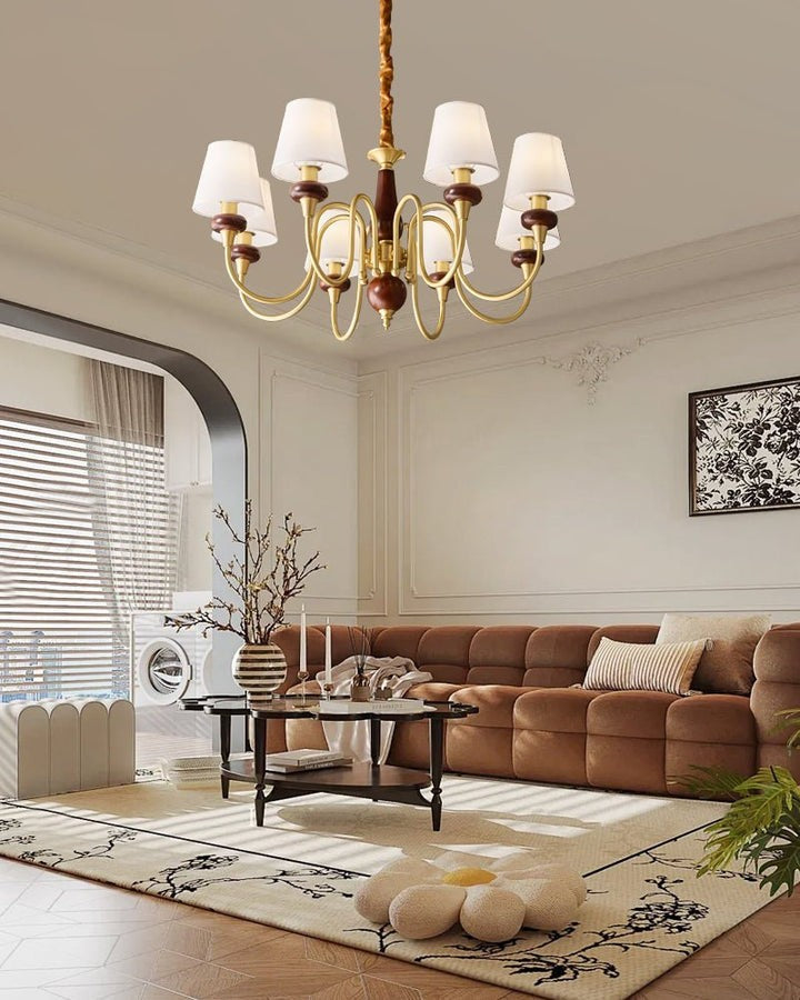 Luxury Wood & Brass Chandelier with Fabric Shades
