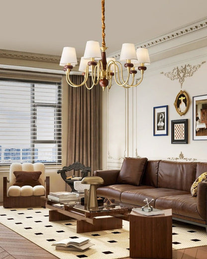 Luxury Wood & Brass Chandelier with Fabric Shades