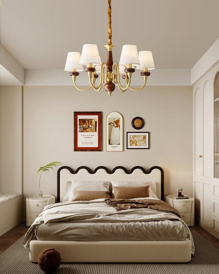 Luxury Wood & Brass Chandelier with Fabric Shades
