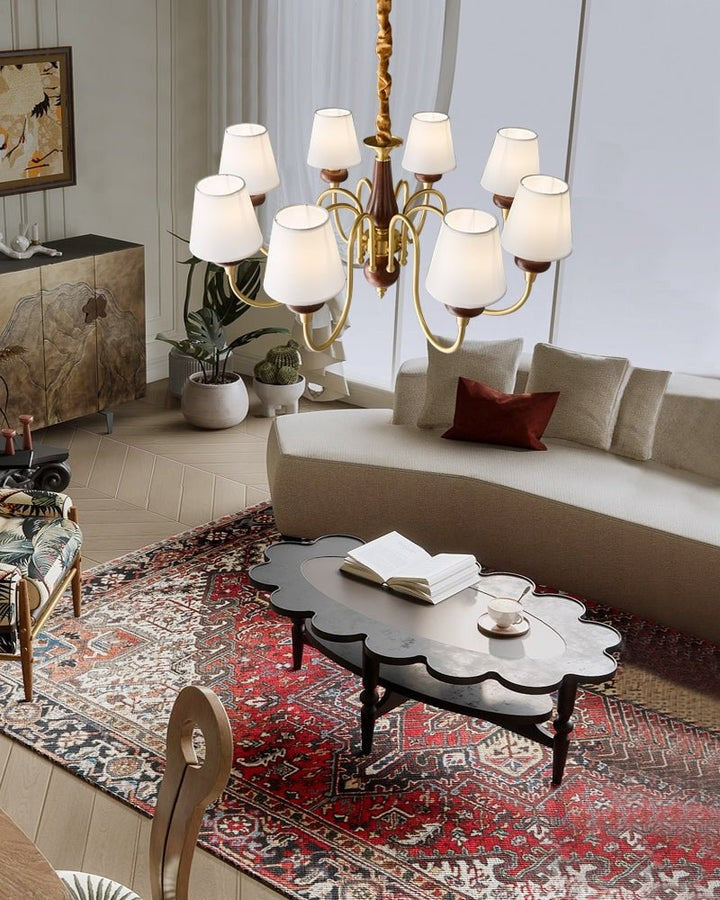 Luxury Wood & Brass Chandelier with Fabric Shades