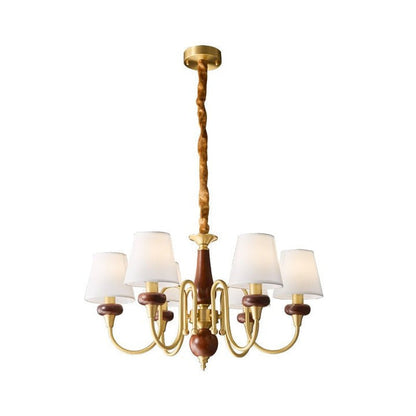 Luxury Wood & Brass Chandelier with Fabric Shades