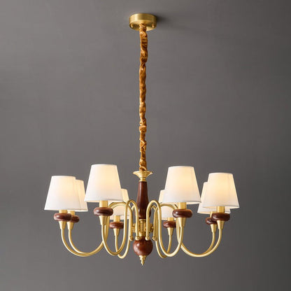 Luxury Wood & Brass Chandelier with Fabric Shades