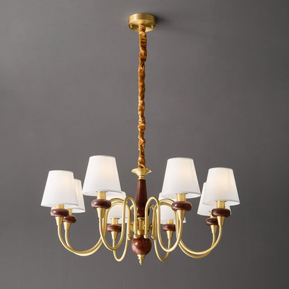 Luxury Wood & Brass Chandelier with Fabric Shades