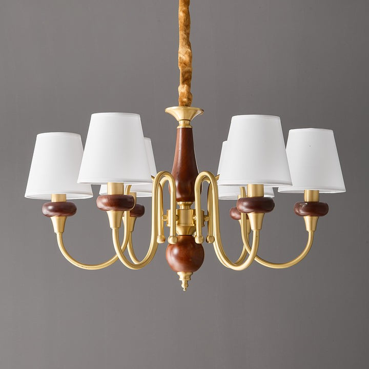 Luxury Wood & Brass Chandelier with Fabric Shades