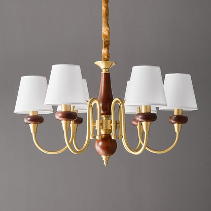 Luxury Wood & Brass Chandelier with Fabric Shades