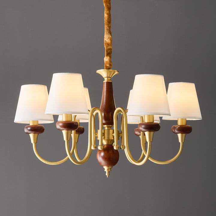 Luxury Wood & Brass Chandelier with Fabric Shades
