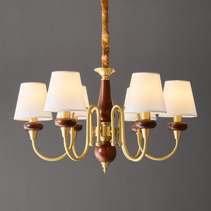 Luxury Wood & Brass Chandelier with Fabric Shades
