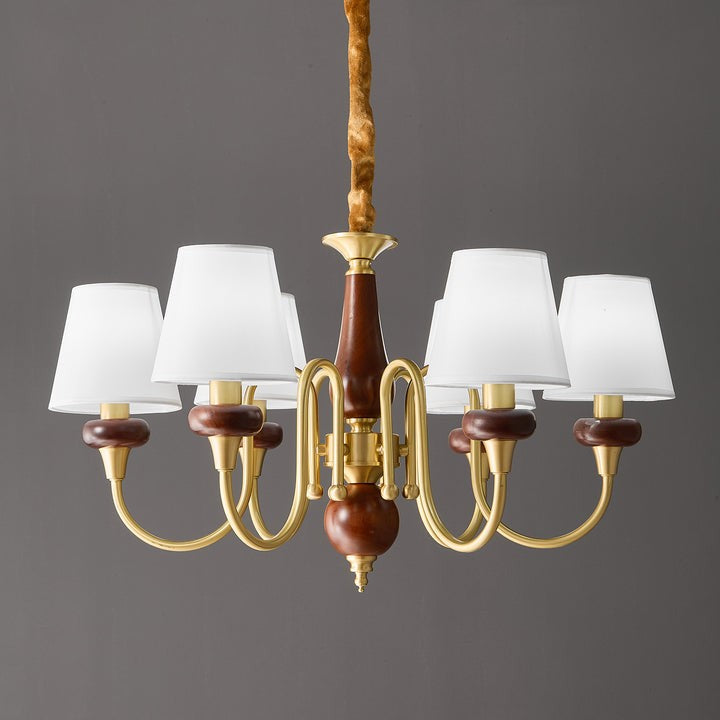 Luxury Wood & Brass Chandelier with Fabric Shades