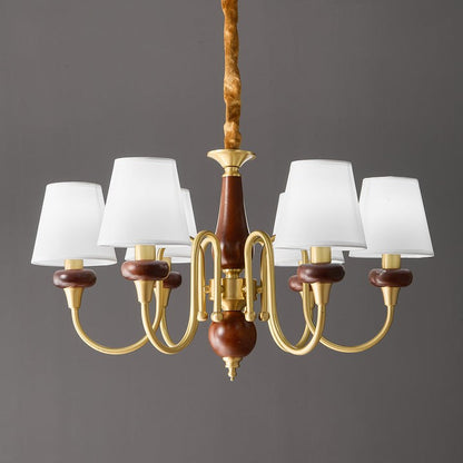 Luxury Wood & Brass Chandelier with Fabric Shades
