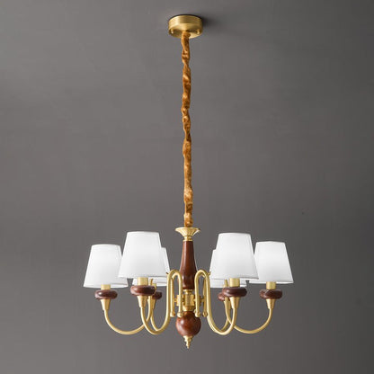 Luxury Wood & Brass Chandelier with Fabric Shades