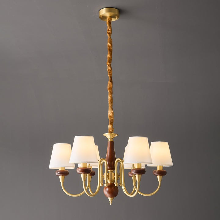 Luxury Wood & Brass Chandelier with Fabric Shades