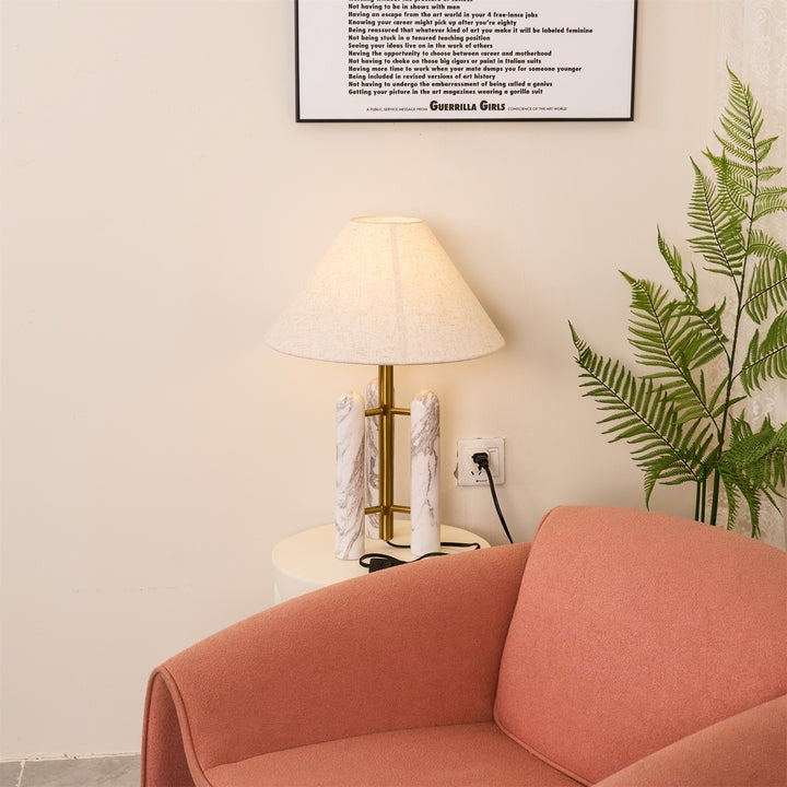 Marble Column Table Lamp with White Silk Shade