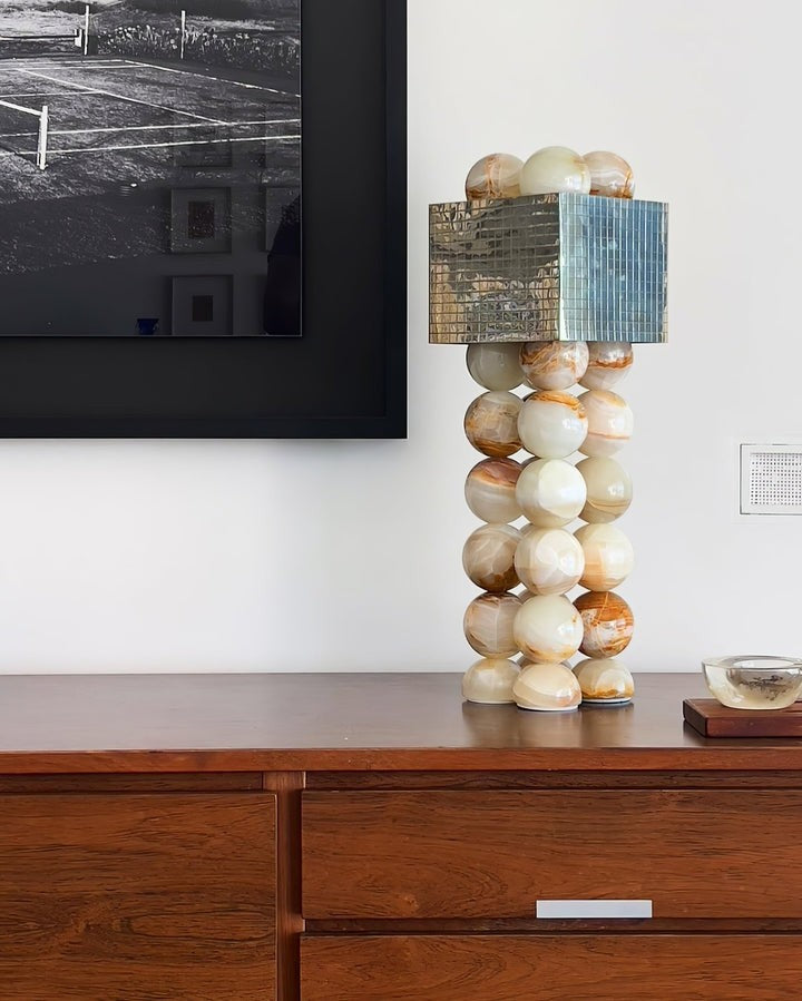 Marble-Inspired Jade Sphere Table Lamp with White Shade