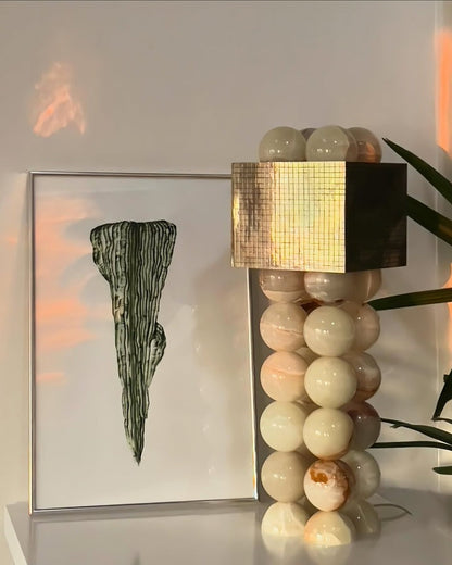 Marble-Inspired Jade Sphere Table Lamp with White Shade