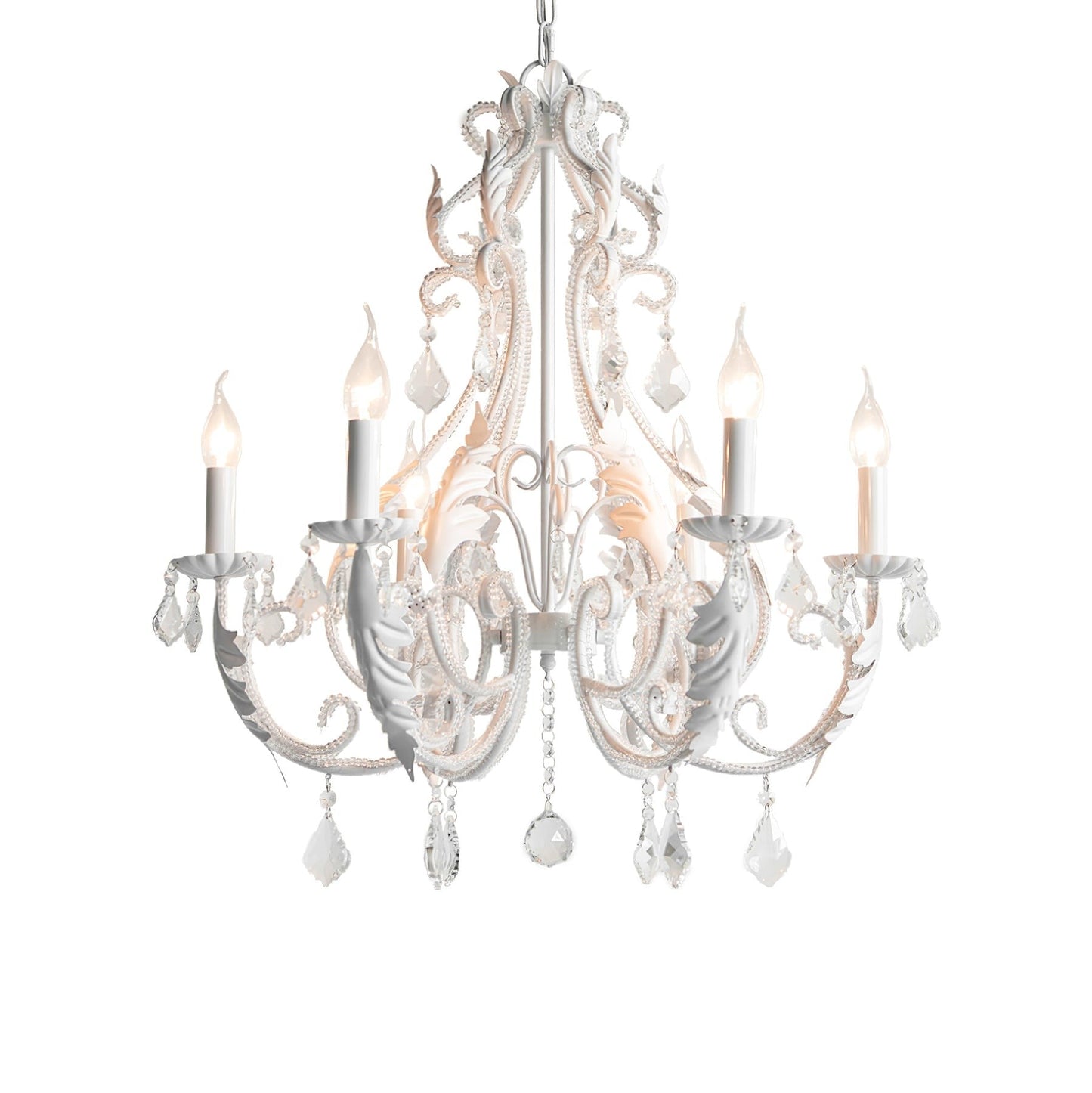 Metal & Crystal Candleholder Chandelier with Botanical Accents