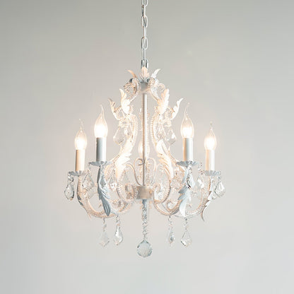 Metal & Crystal Candleholder Chandelier with Botanical Accents