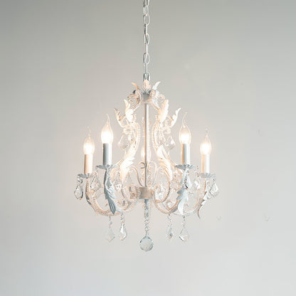 Metal & Crystal Candleholder Chandelier with Botanical Accents