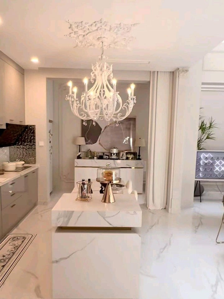 Metal & Crystal Candleholder Chandelier with Botanical Accents