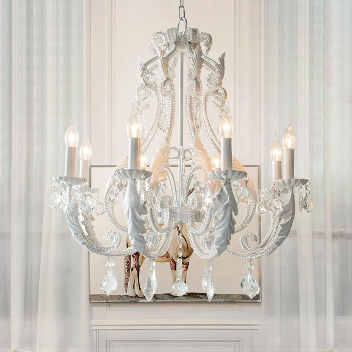 Metal & Crystal Candleholder Chandelier with Botanical Accents