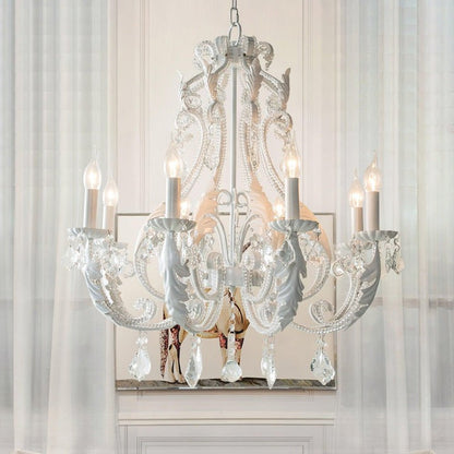 Metal & Crystal Candleholder Chandelier with Botanical Accents