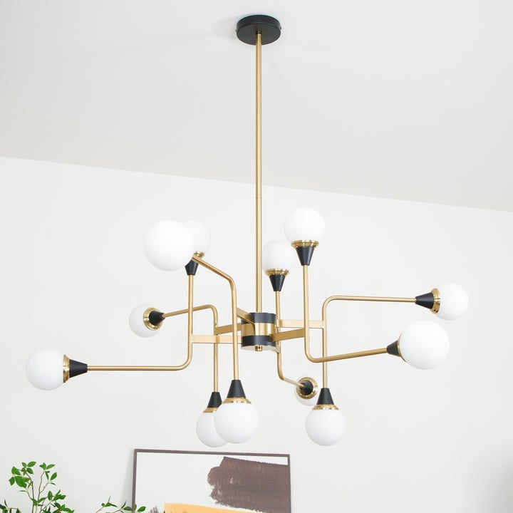 Mid-Century Asymmetrical Brass Chandelier with Glass Globes