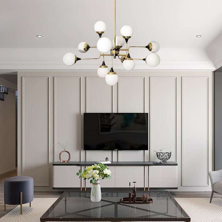 Mid-Century Asymmetrical Brass Chandelier with Glass Globes