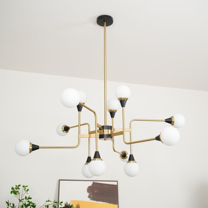 Mid-Century Asymmetrical Brass Chandelier with Glass Globes