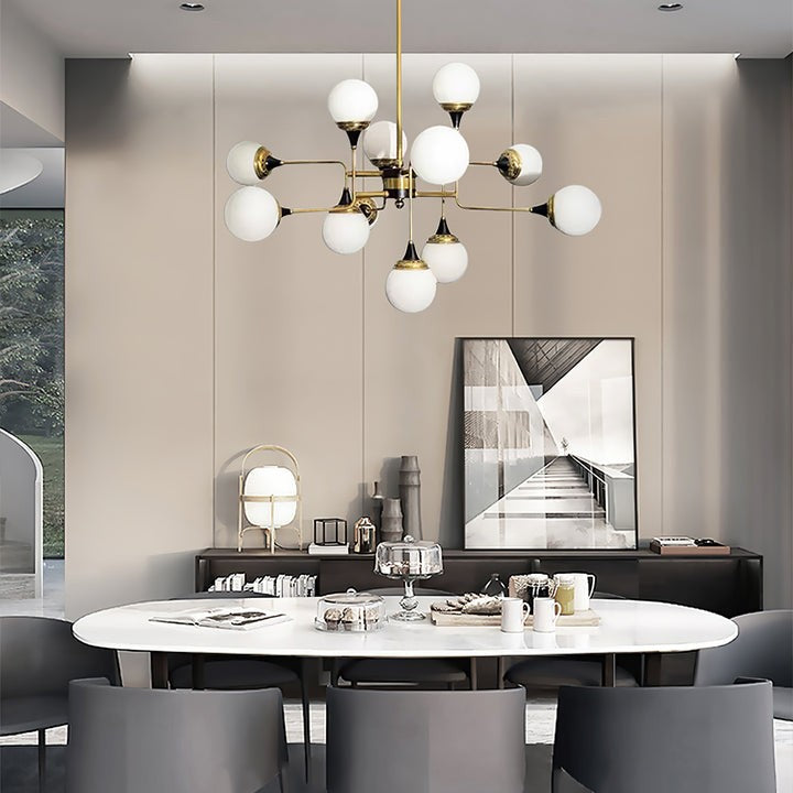 Mid-Century Asymmetrical Brass Chandelier with Glass Globes