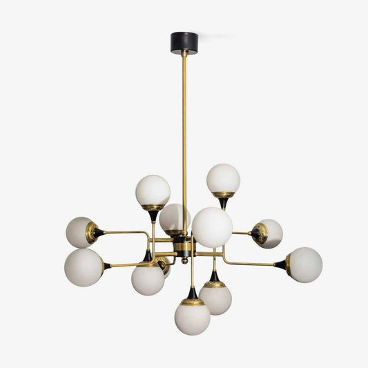 Mid-Century Asymmetrical Brass Chandelier with Glass Globes