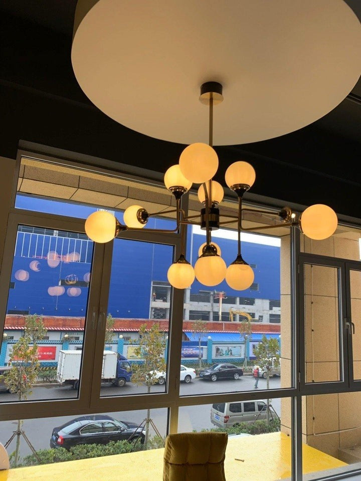 Mid-Century Asymmetrical Brass Chandelier with Glass Globes