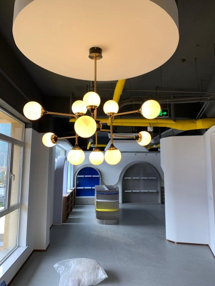 Mid-Century Asymmetrical Brass Chandelier with Glass Globes