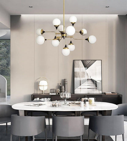 Mid-Century Asymmetrical Brass Chandelier with Glass Globes