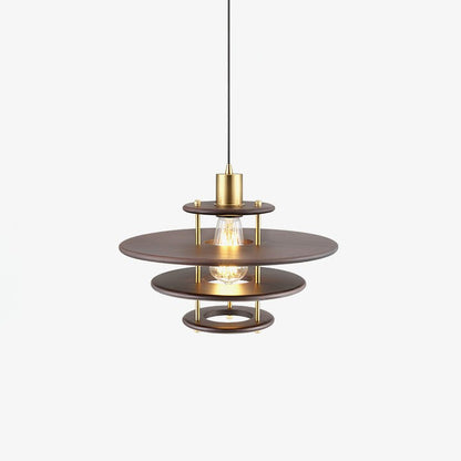 Mid-Century Ring Pendant Light in Gold &amp; Walnut
