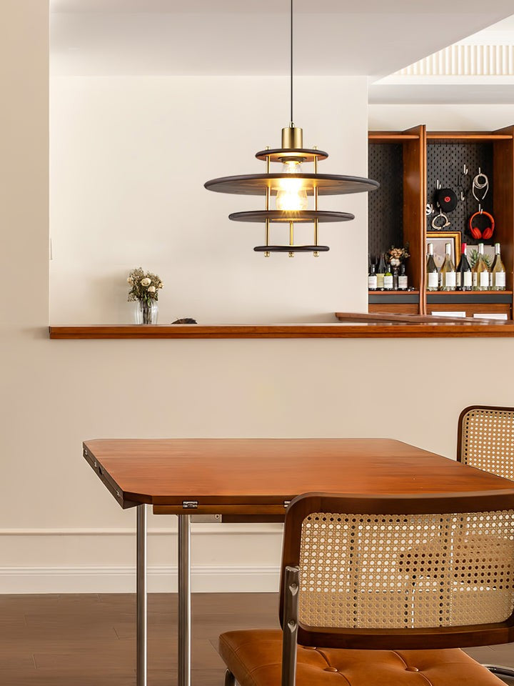 Mid-Century Ring Pendant Light in Gold &amp; Walnut