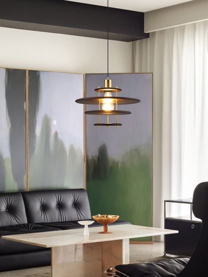 Mid-Century Ring Pendant Light in Gold &amp; Walnut
