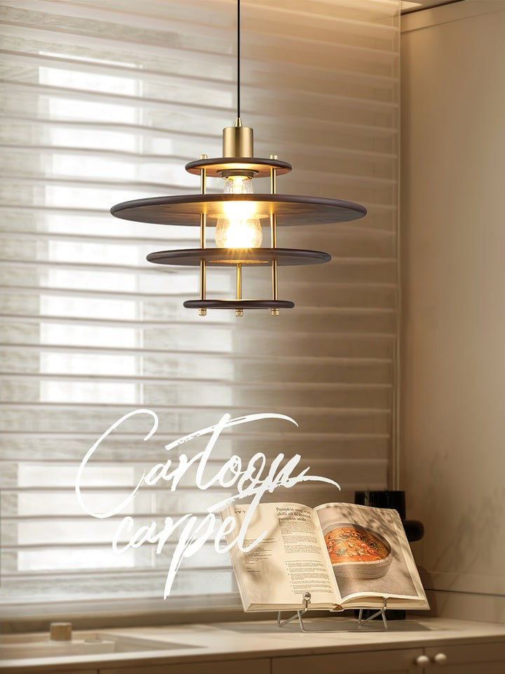 Mid-Century Ring Pendant Light in Gold &amp; Walnut