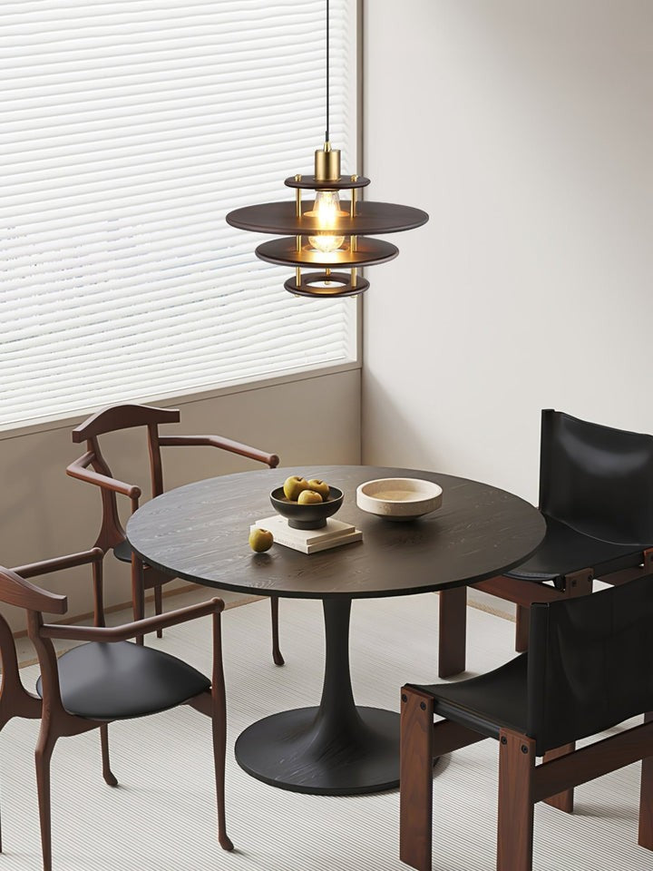 Mid-Century Ring Pendant Light in Gold &amp; Walnut