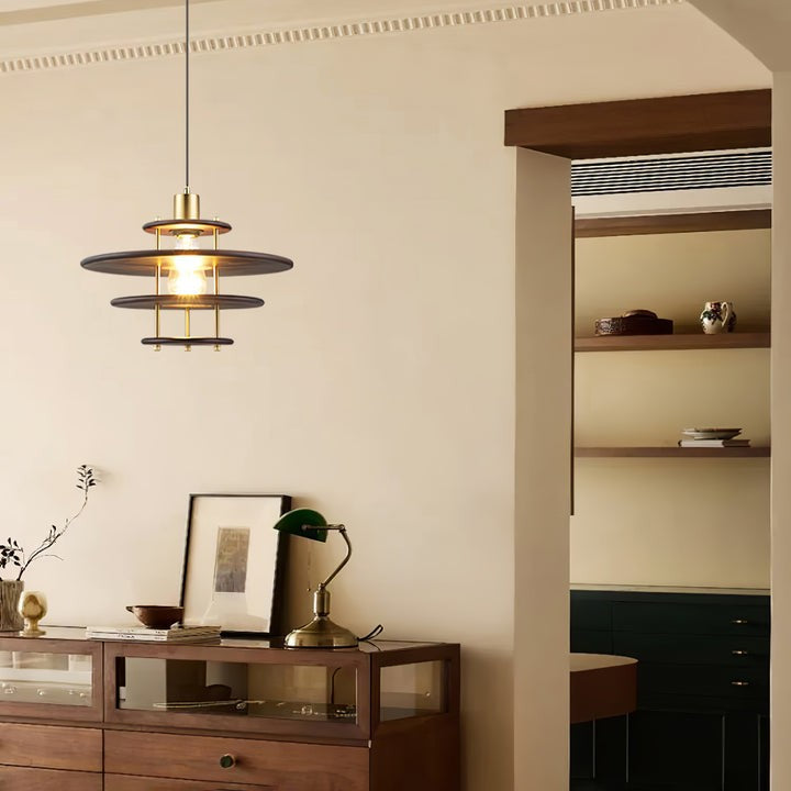 Mid-Century Ring Pendant Light in Gold &amp; Walnut
