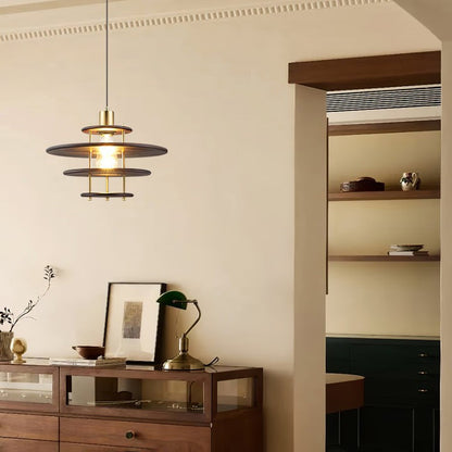 Mid-Century Ring Pendant Light in Gold &amp; Walnut
