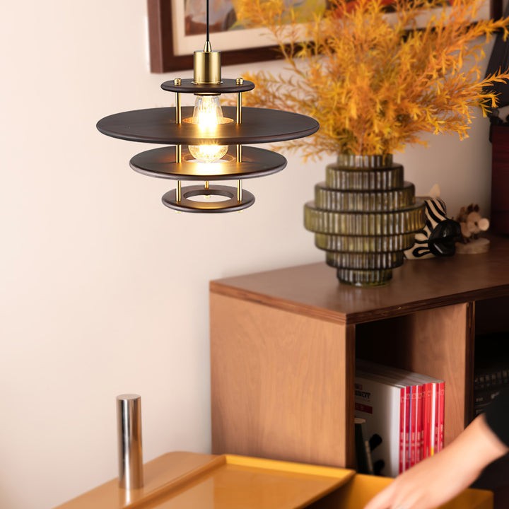 Mid-Century Ring Pendant Light in Gold &amp; Walnut