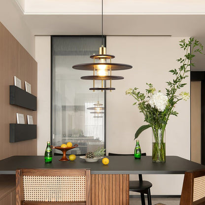 Mid-Century Ring Pendant Light in Gold &amp; Walnut