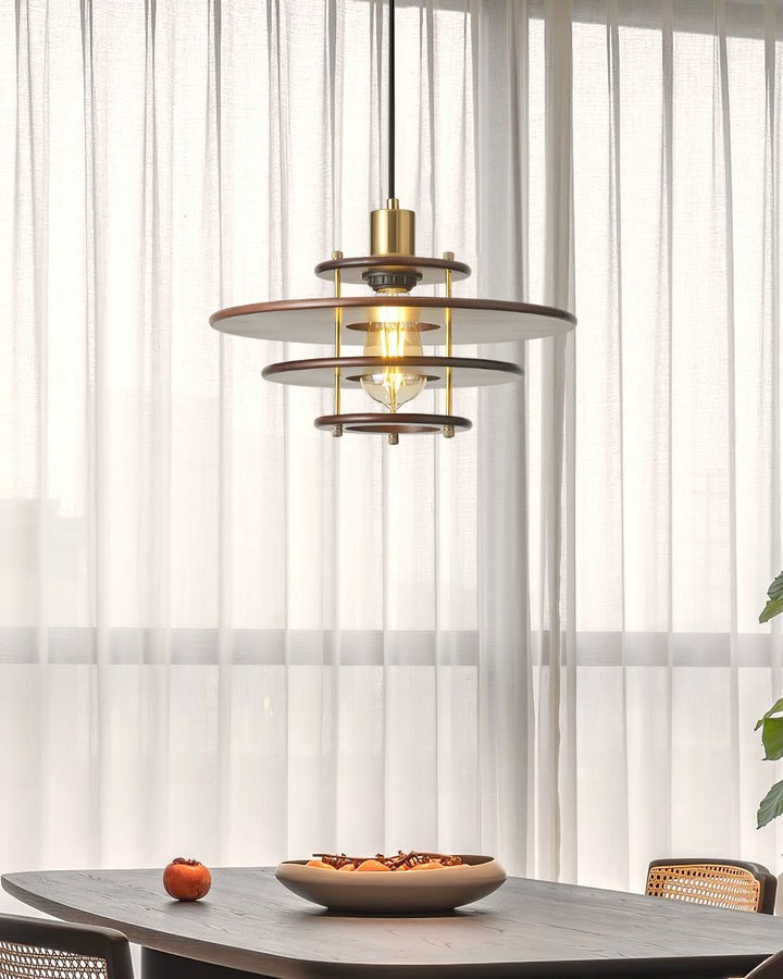 Mid-Century Ring Pendant Light in Gold &amp; Walnut