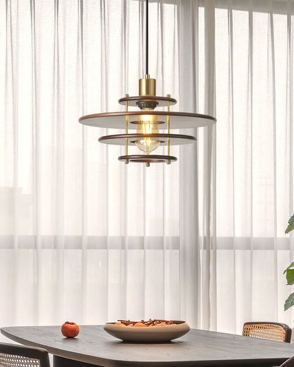 Mid-Century Ring Pendant Light in Gold &amp; Walnut