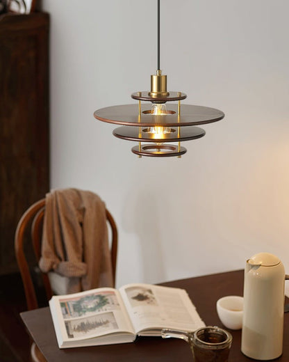 Mid-Century Ring Pendant Light in Gold &amp; Walnut