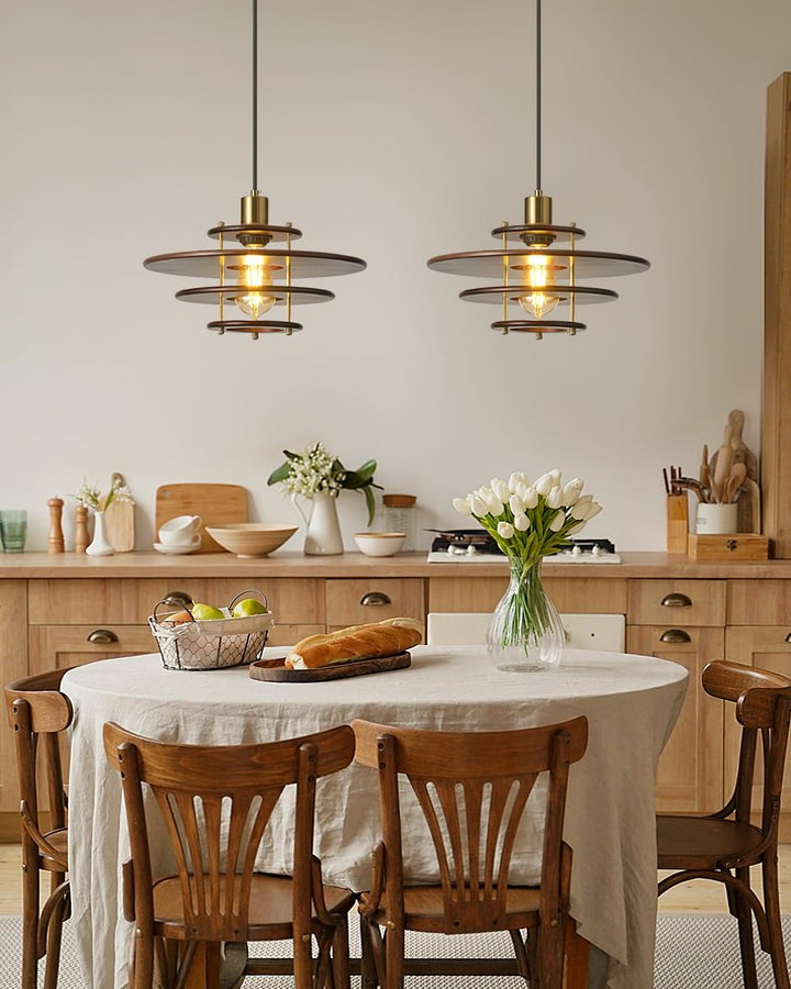 Mid-Century Ring Pendant Light in Gold &amp; Walnut
