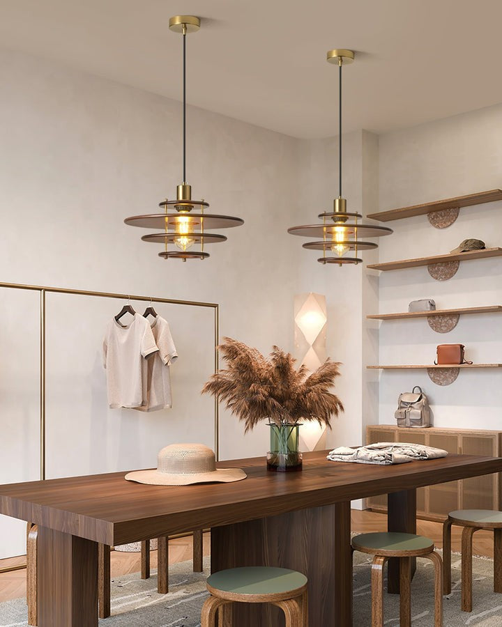 Mid-Century Ring Pendant Light in Gold &amp; Walnut